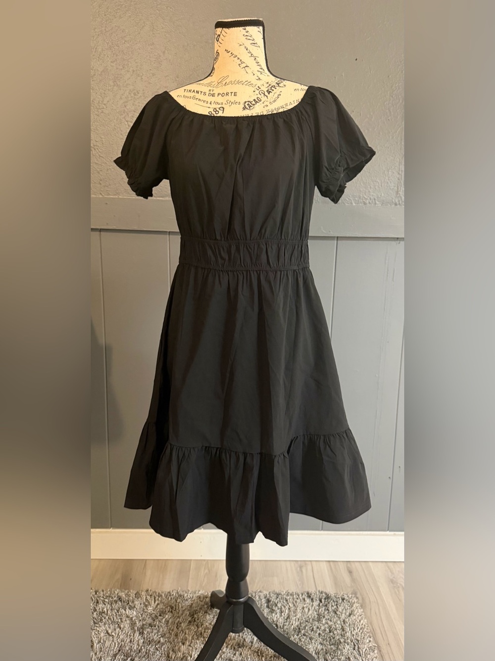 Off-Shoulder Black Midi Dress with Tiered Hem